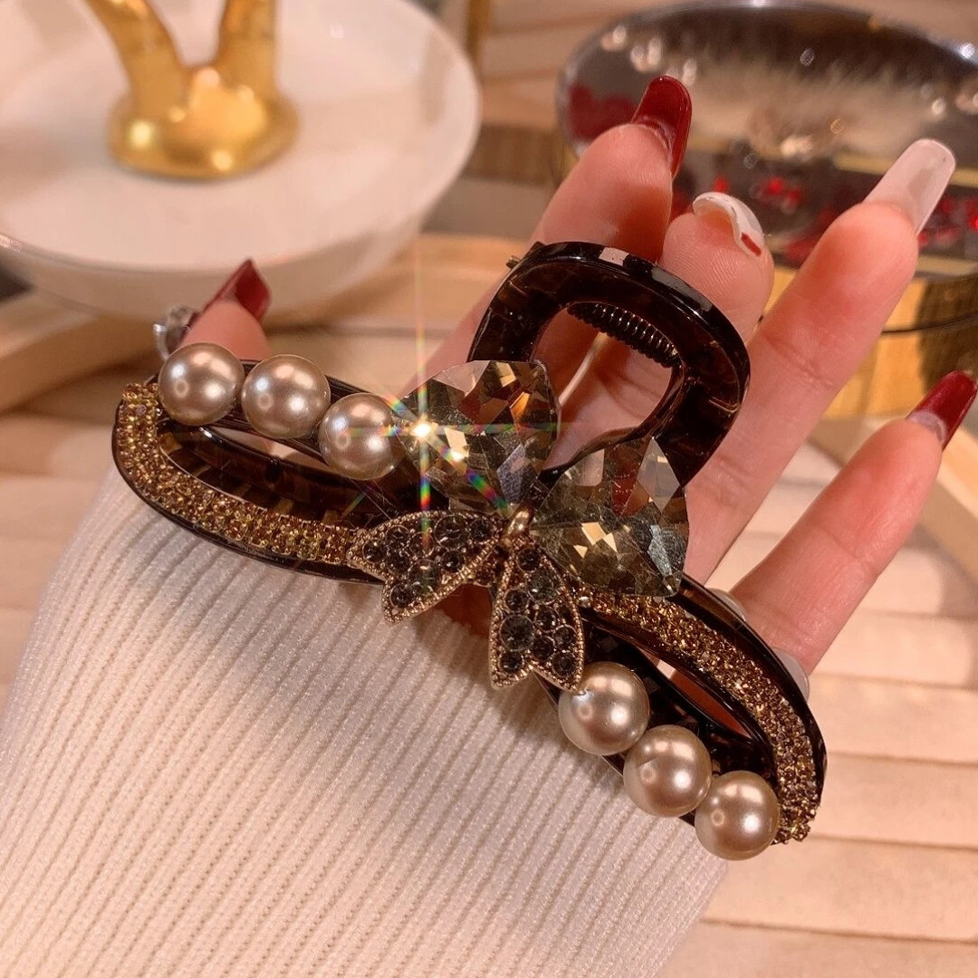 A1017韩版优雅轻奢满钻蝴蝶结珠珠抓夹9cm气质百搭头饰发夹