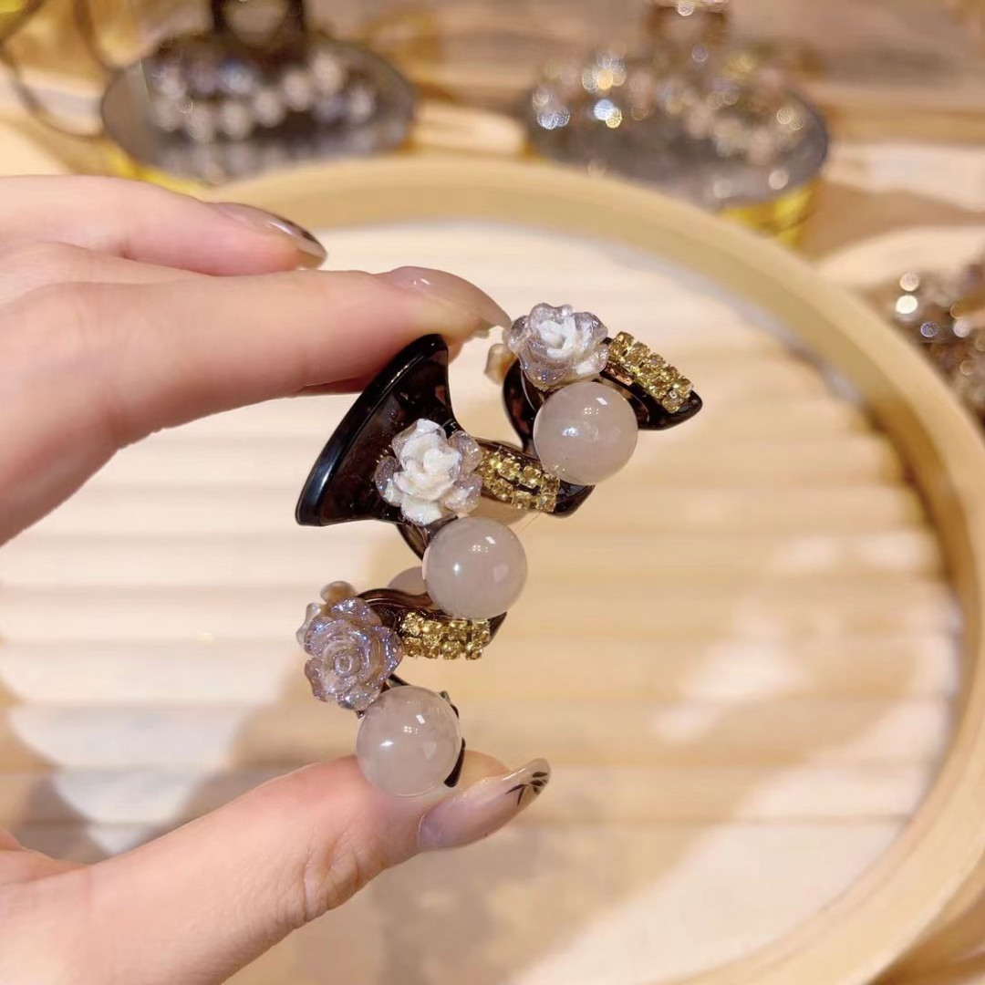 A1054韩式高级感花朵珠珠小抓夹6cm气质半扎抓夹