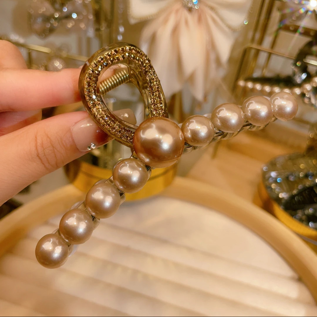 A1020韩版气质百搭满钻大珠珠抓夹11cm金色优雅