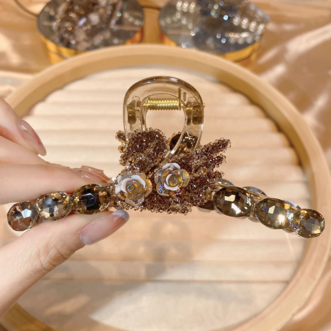 A1015轻奢重工天鹅山茶花抓夹11cm精致优雅