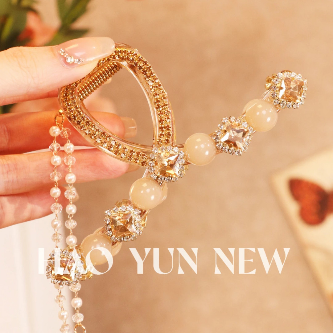 A1067夏日新款方糖珠珠流苏八字夹12cm大抓夹古风气质优雅