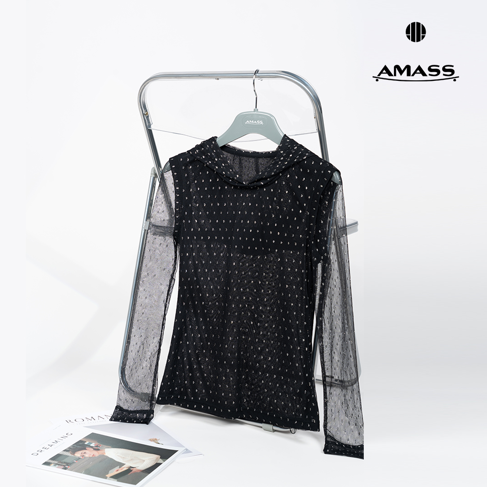 AMASS/阿玛施新款女装减龄质感百搭连帽波点网纱长袖上衣-5300863