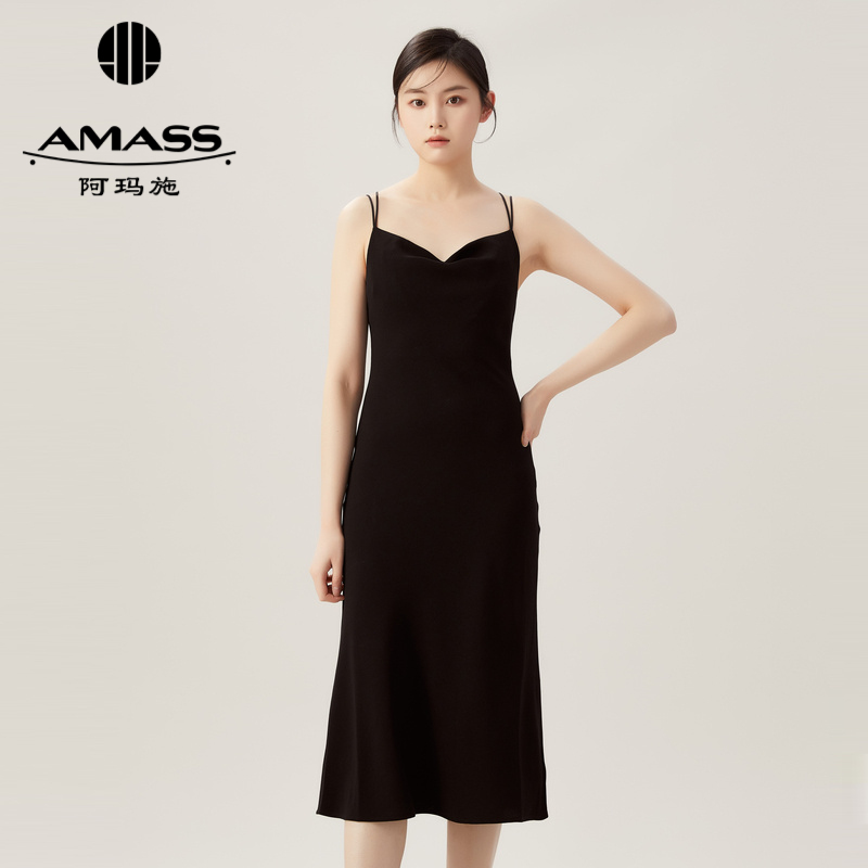 AMASS/阿玛施新款女装气质法式荡领吊带连衣裙显瘦长裙5500456-2