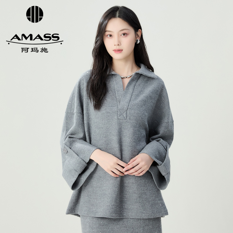AMASS/阿玛施新款时尚休闲百搭POLO领宽松廓形上衣附女-5301052