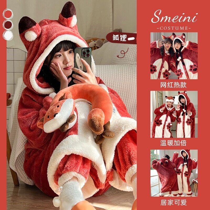 网红可爱小狐狸睡衣女冬款珊瑚绒加绒加厚中长款浴袍可外穿家居服