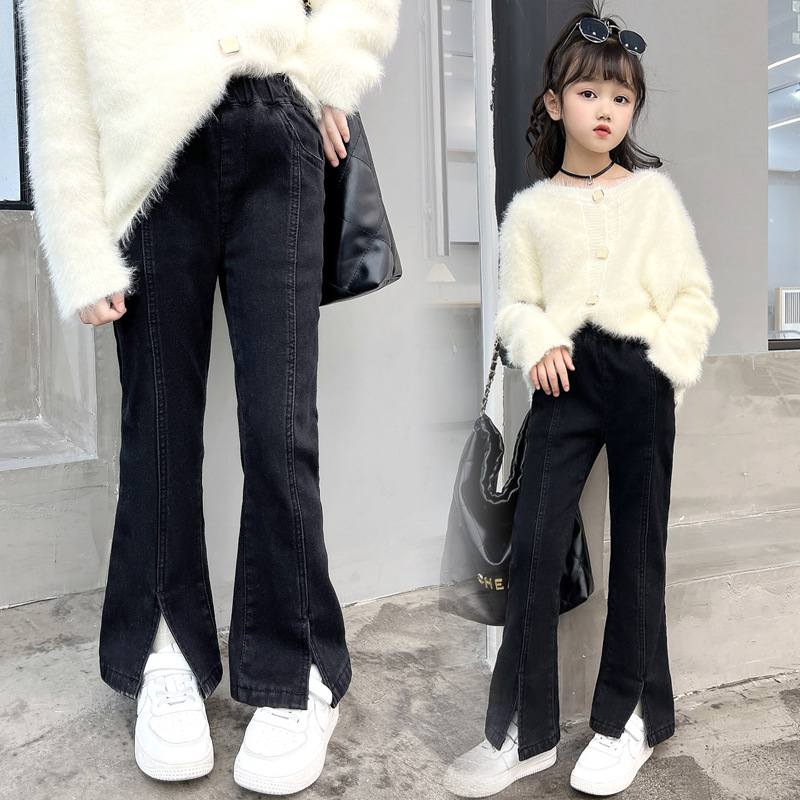 巴拉巴拉女童秋冬童裤开叉喇叭裤2023新款中大童牛仔裤子儿童加绒