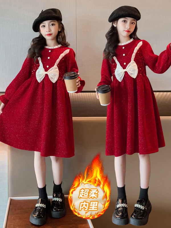 巴拉巴拉女童连衣裙加绒2023新款蝴蝶结儿童裙子加厚冬装女孩大童