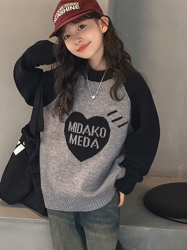 巴拉巴拉女童毛衣秋冬2023新款爱心提花针织衫中大童复古拼色圆领