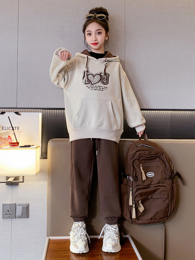 巴拉巴拉女童秋冬加绒卫衣套装2023新款洋气女大童加厚上衣卫裤儿