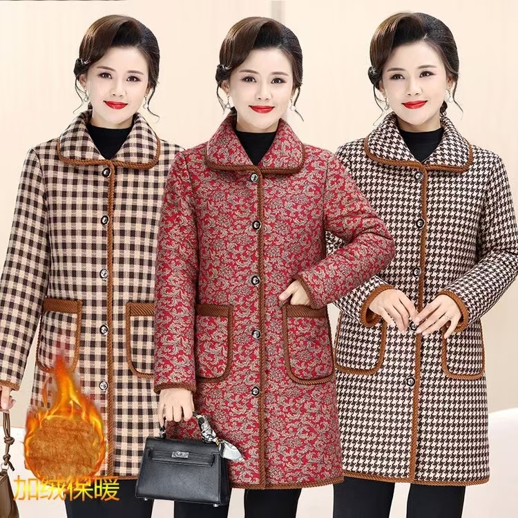 妈妈加绒加厚新款棉衣中老年棉服碎花洋气冬装外套中长款保暖棉袄