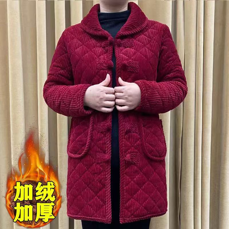 中老年女秋冬装棉衣加绒加厚妈妈棉袄中长款女式冬款棉服外套保暖