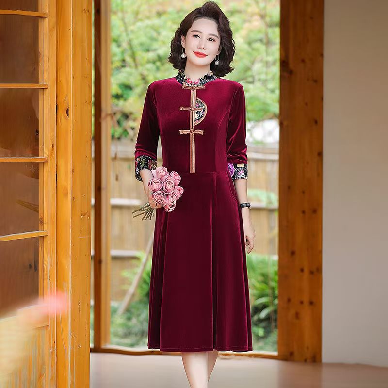 高档复古连衣裙秋装长款金丝绒长袖改良中式裙子中国风女裙子8915