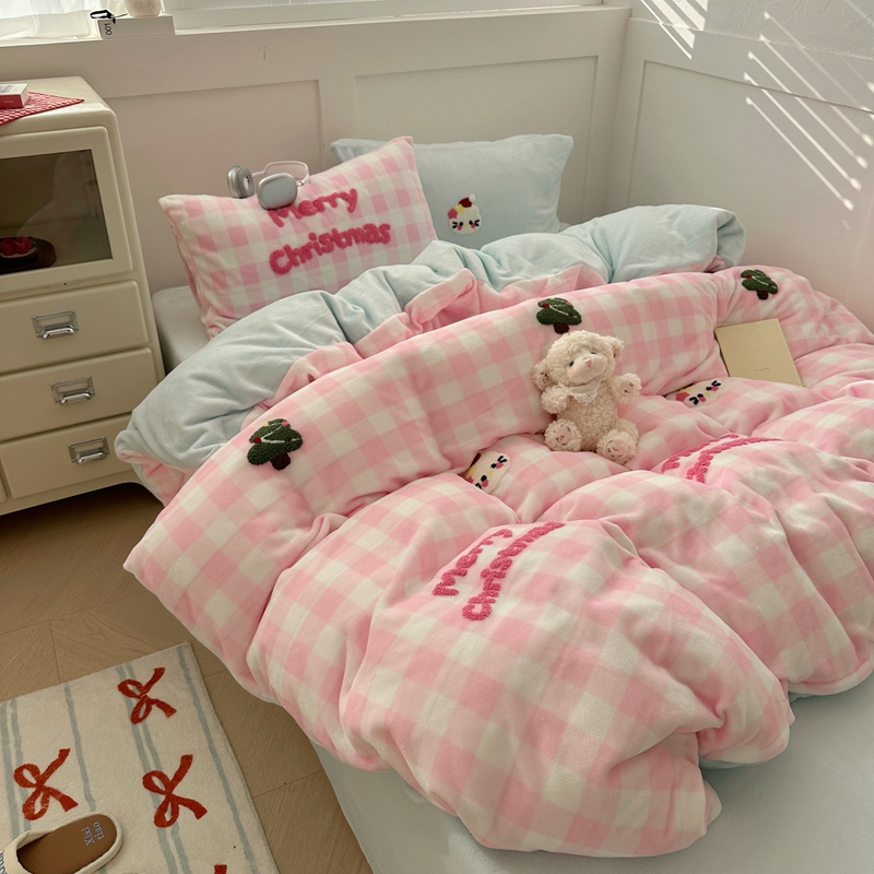 加厚可爱卡哇伊圣诞猫猫毛巾绣牛奶绒四件套加绒少女心单人三件套