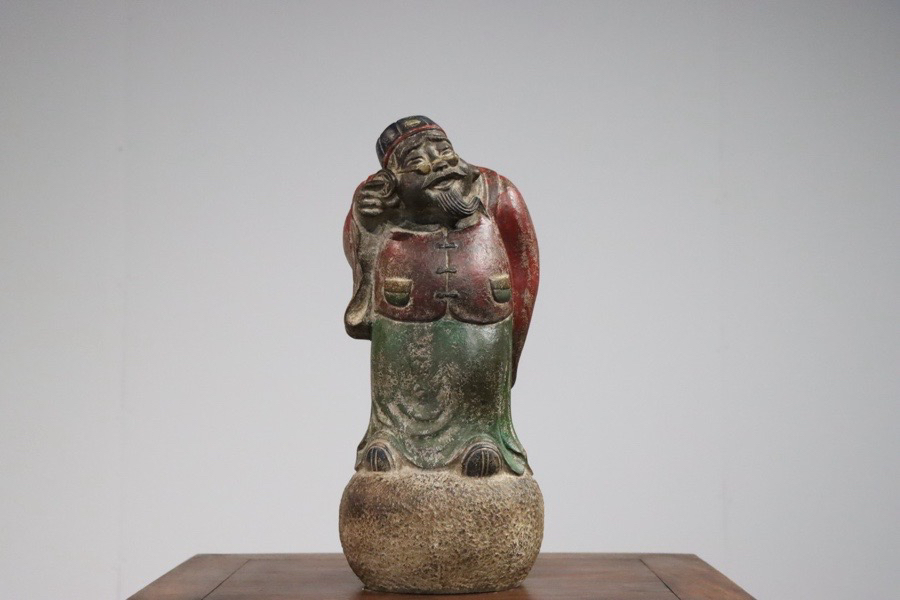 石雕青石彩绘帐房先生桌面摆件