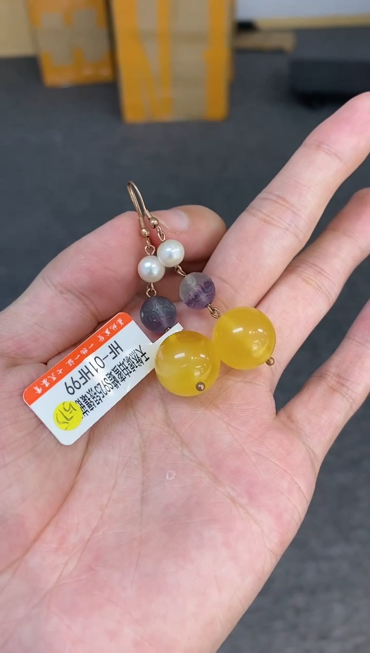 【闪购商品】琥珀耳饰银S925镶嵌耳钩