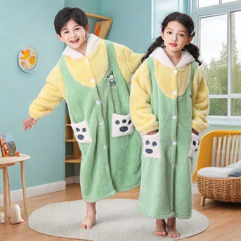 帕恰狗睡衣儿童珊瑚绒秋冬季加绒加厚睡袍男童女孩卡通家居服套装