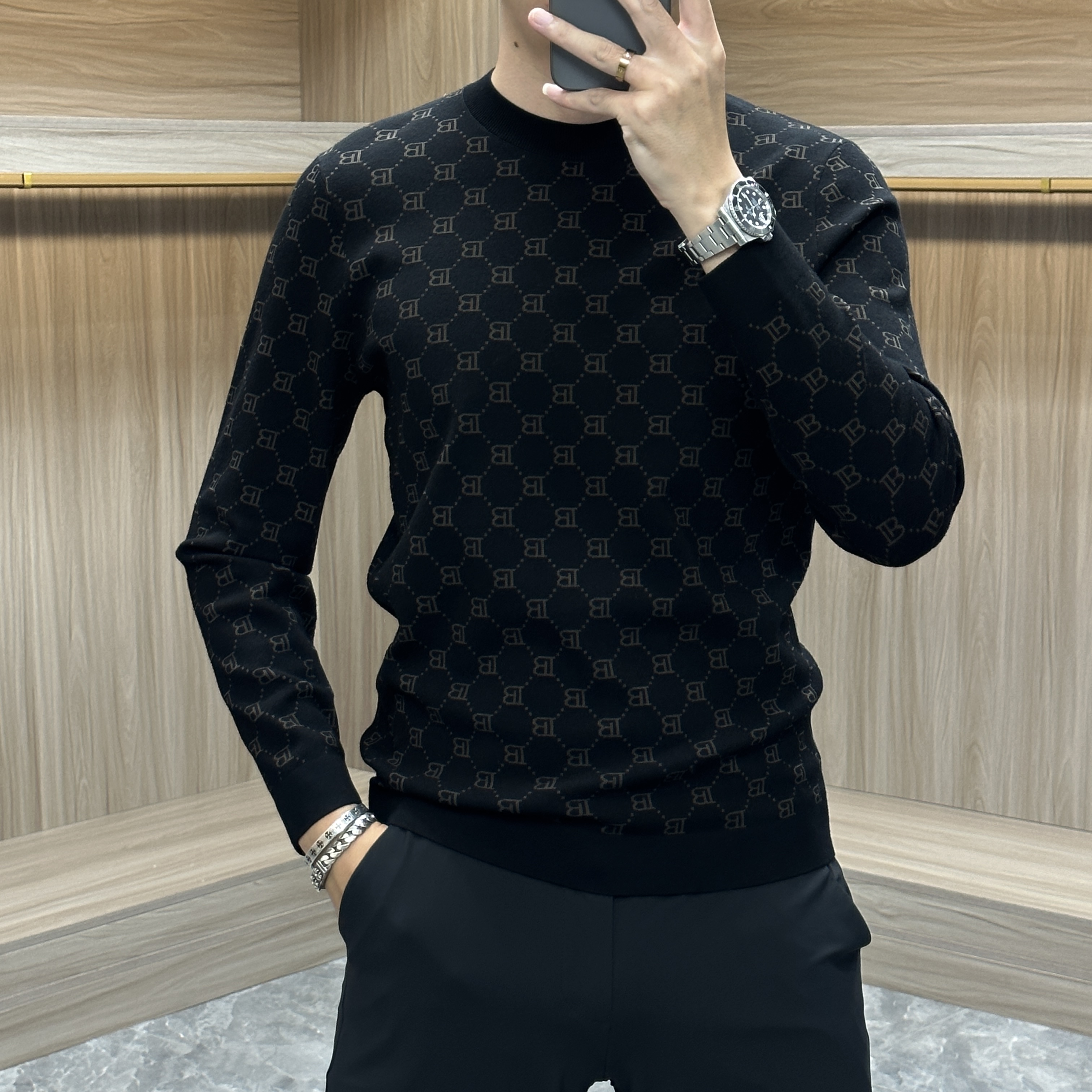 冬季男士针织打底衫商务休闲保暖毛衣高级圆领字母提花百搭潮流