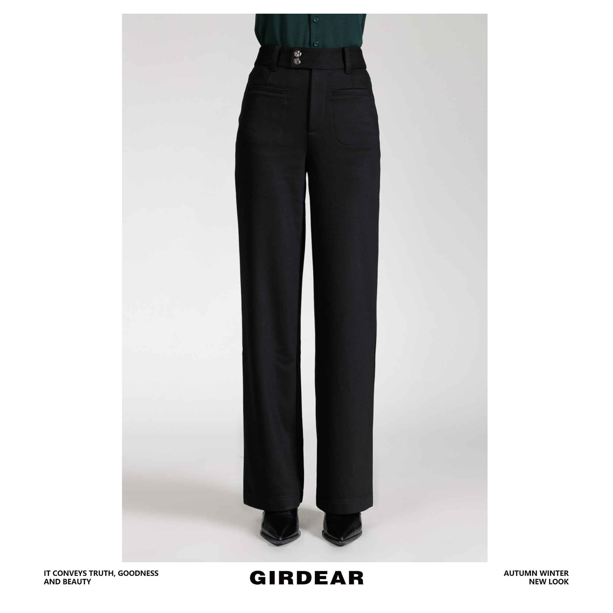 GIRDEAR/哥弟品质女装秋冬通勤简约高腰两粒扣植绒直筒裤1100469
