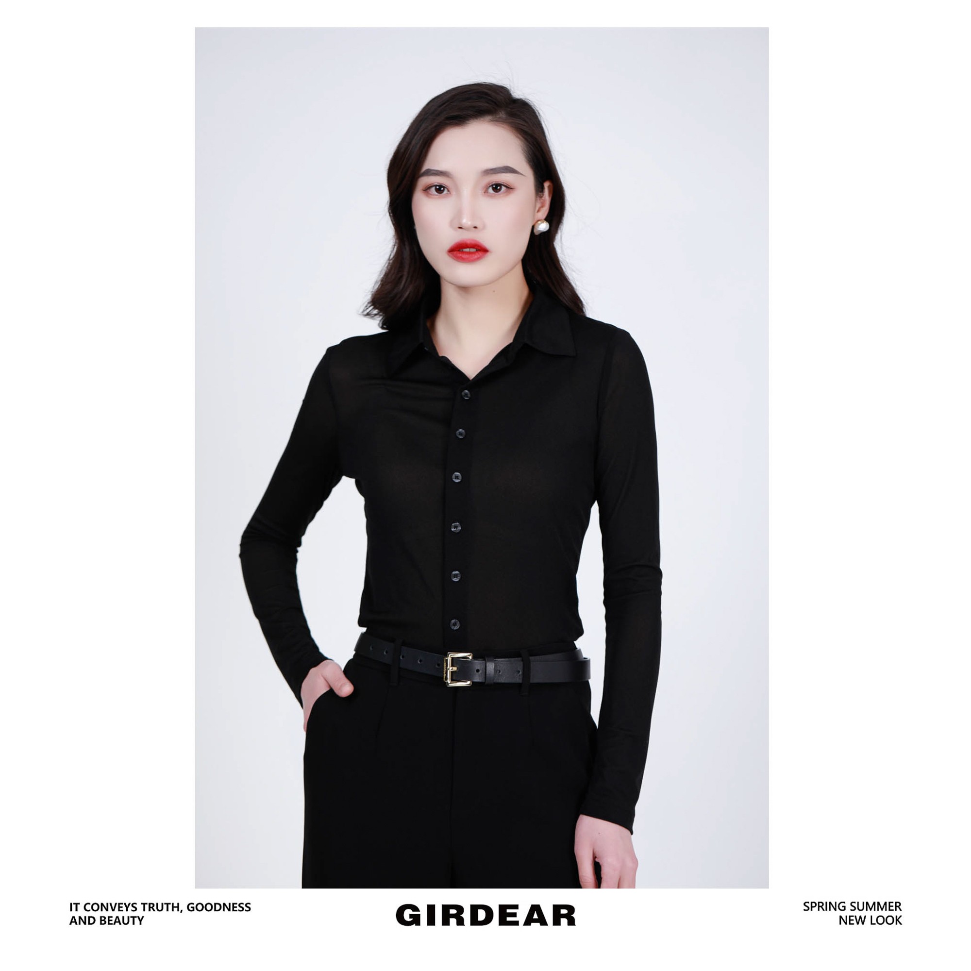 GIRDEAR/哥弟1300782 【多人复购】高端百搭气质单排扣长袖纱质衬衣