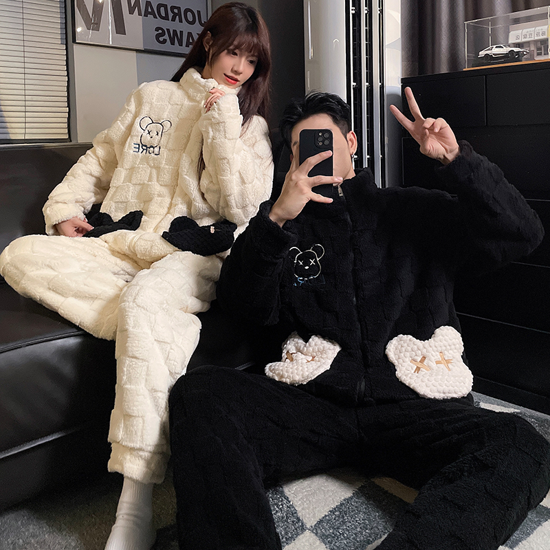珊瑚绒情侣睡衣冬季加厚加绒保暖法兰绒男女士秋冬款可外穿家居服
