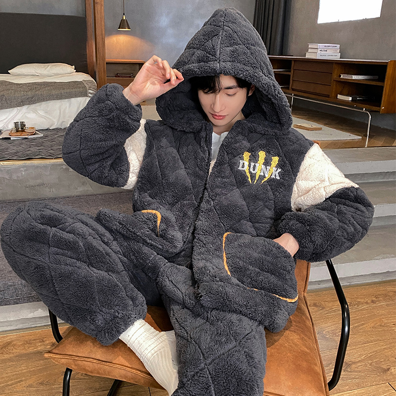 男士冬季三层夹棉加厚加绒保暖青少年男款家居服男冬季加绒加厚