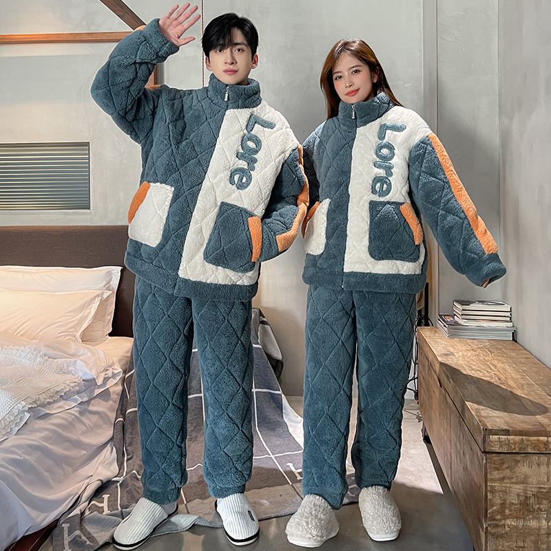 情侣睡衣冬季三层夹棉袄男女士拼色珊瑚绒冬款保暖拉链家居服套装