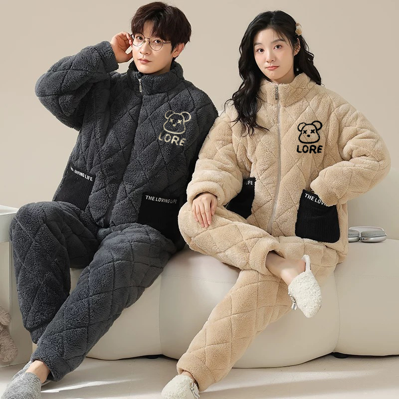 三层夹棉情侣睡衣冬季加厚加绒2024新款休闲男女士冬天家居服套装