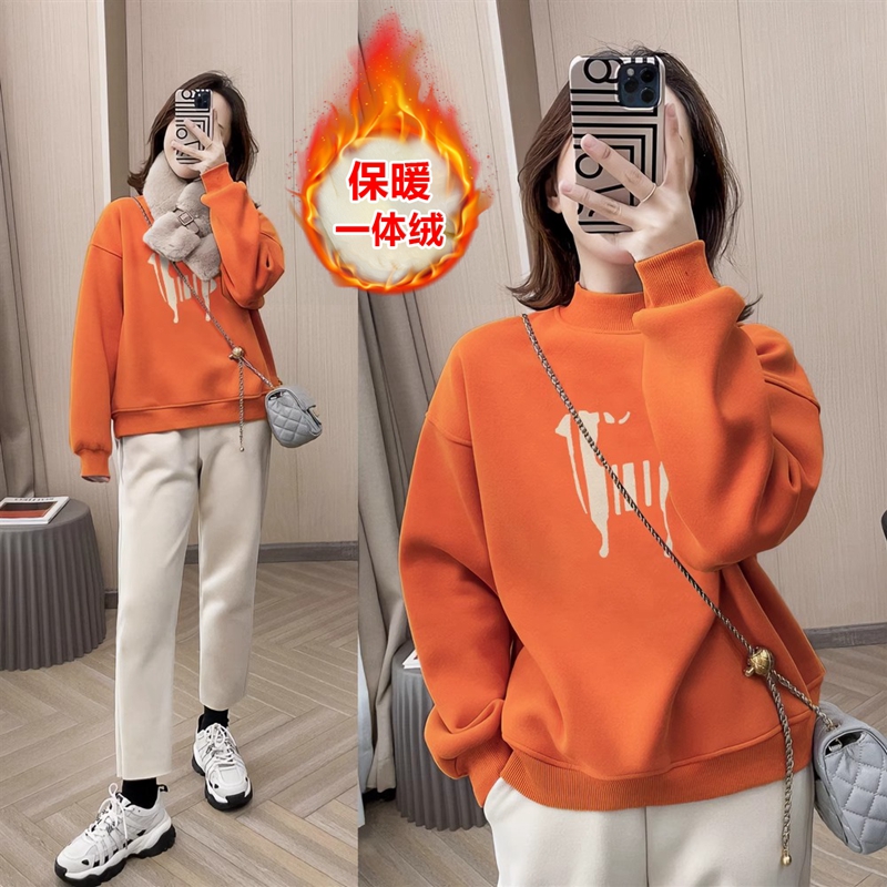 即墨卫衣女2025新款爆款秋冬季橘色半高领加绒保暖打底衫上衣外套