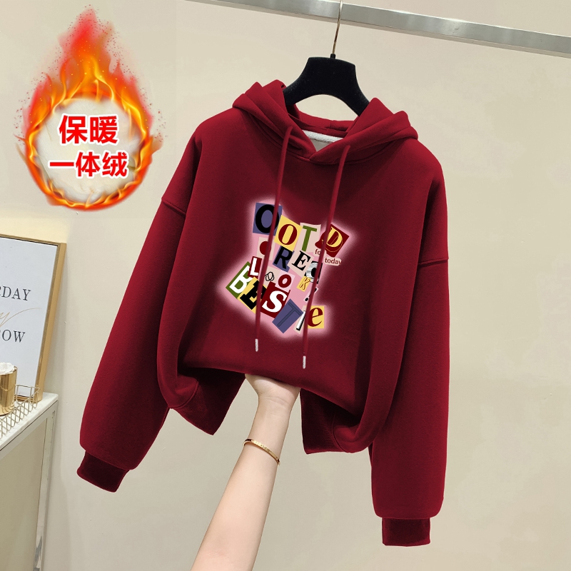 酒红色保暖卫衣女2024新款爆款秋冬加绒加厚时尚百搭连帽上衣外套
