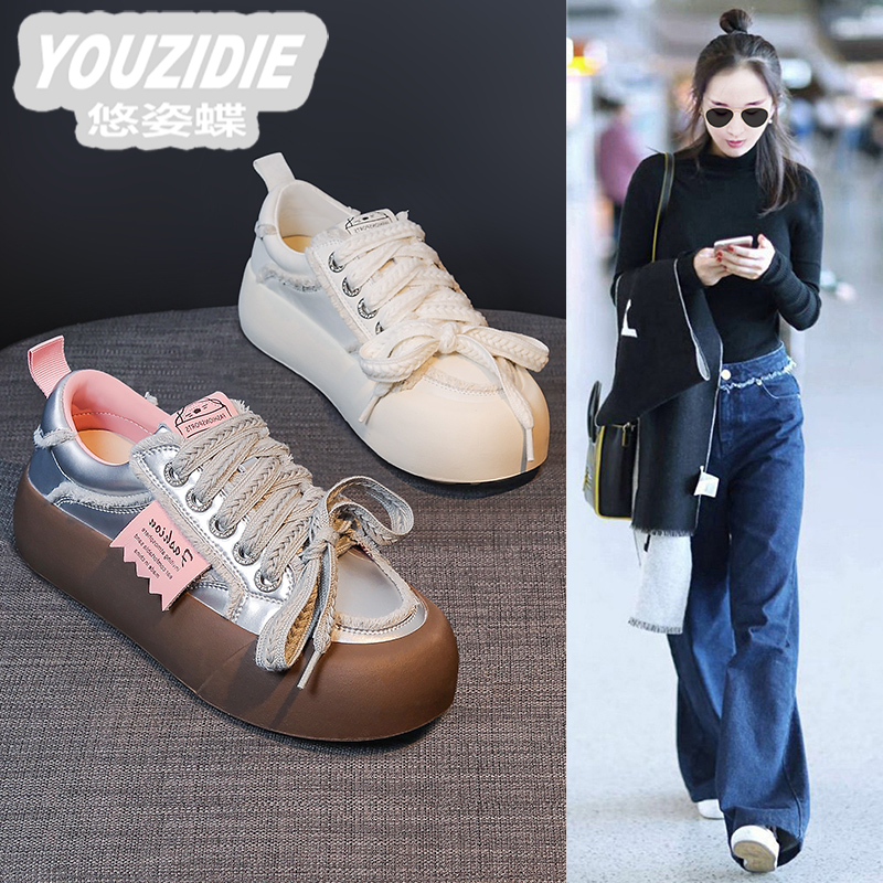 YOUZIDIE厚底女鞋2024夏季新款松糕休闲运动增高单鞋网红百搭真皮