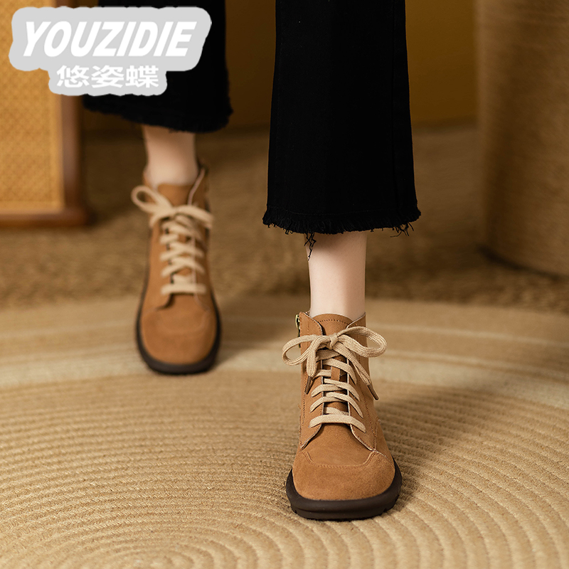 YOUZIDIE2025秋冬新款女靴英伦百搭马丁靴磨砂绒面侧拉链系带时尚