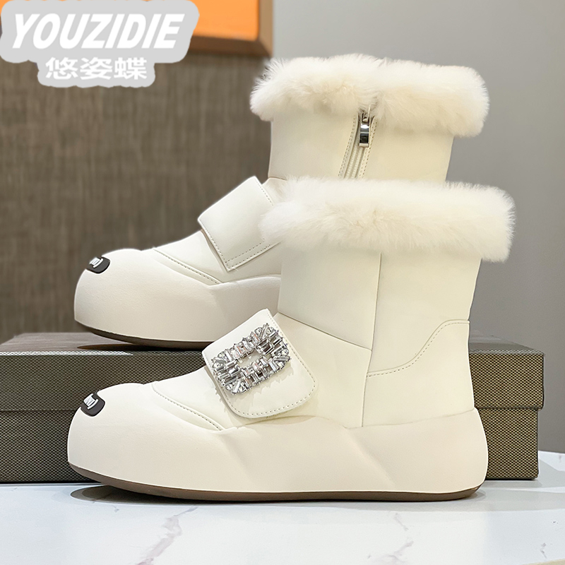 YOUZIDIE白色雪地靴女冬季加绒加厚2023新款百搭水钻厚底短靴保暖