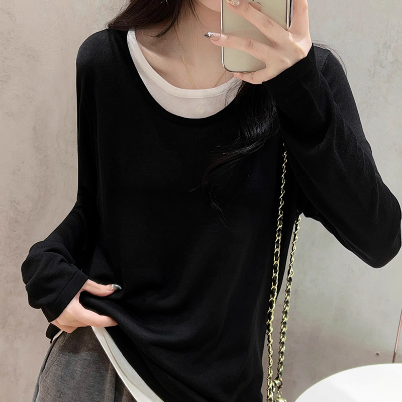 设计感假两件长袖t恤女秋冬韩版别致独特打底衫洋气漂亮小衫上衣