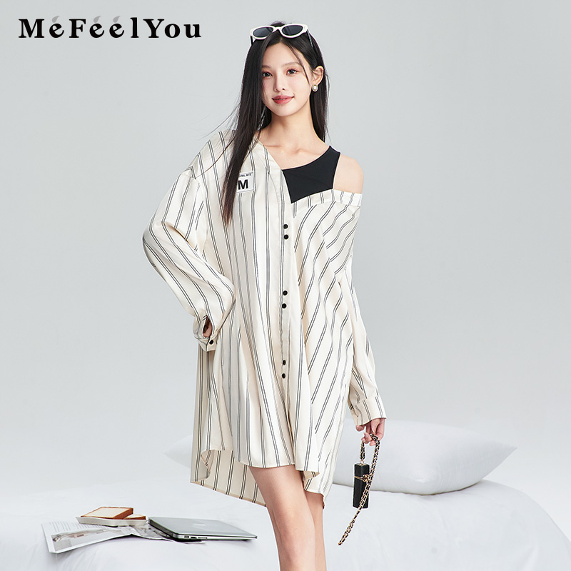 mefeelyou女士夏季时尚路肩拼接衬衣短款睡裙薄款