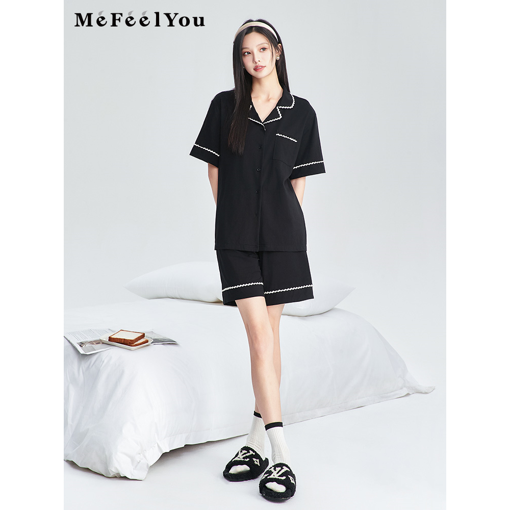 mefeelyou女士夏季花边衬衣短袖薄款简约睡衣家居服套装