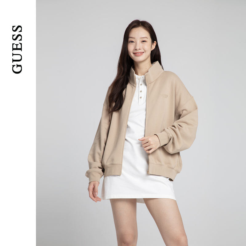 GUESS 秋季欧若风女士纯色休闲运动开衫立领卫衣-Q4PQ14K2Q40