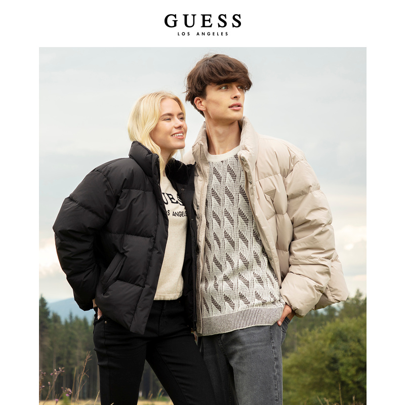 GUESS 秋冬情侣男女同款短款立领加绒面包服羽绒服-W2PL1L8105Z