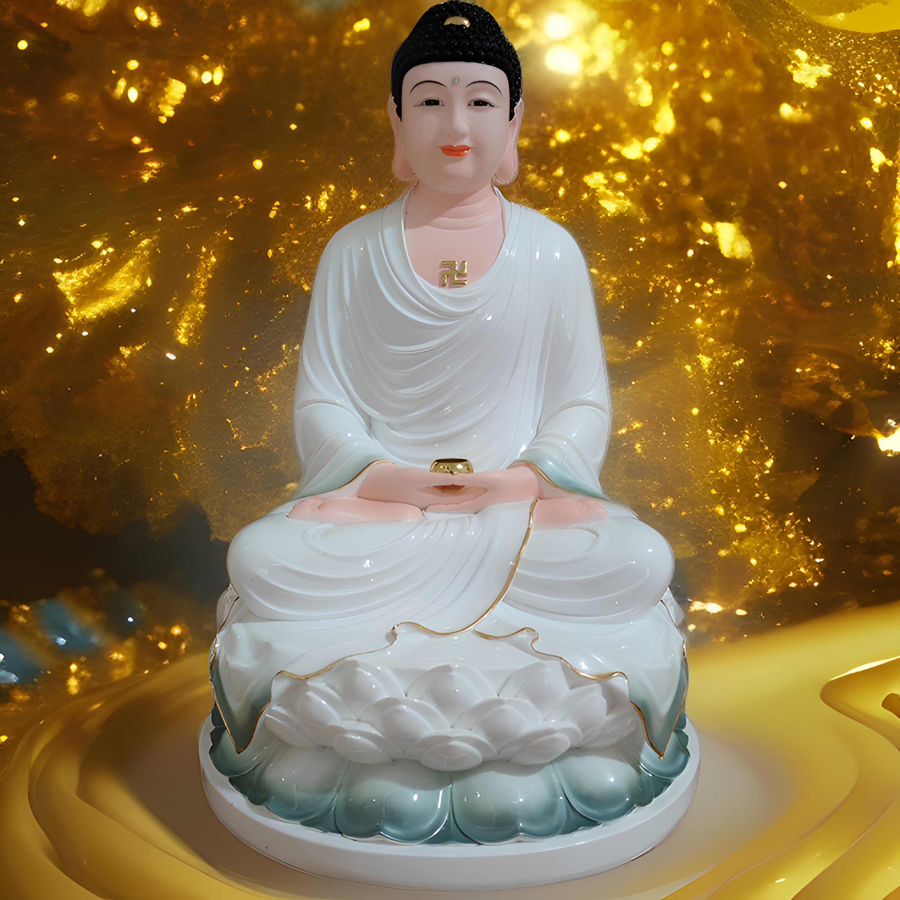 彩绘山水色三宝佛如来佛祖工艺品白瓷弥勒佛陶瓷家居摆件神像家用