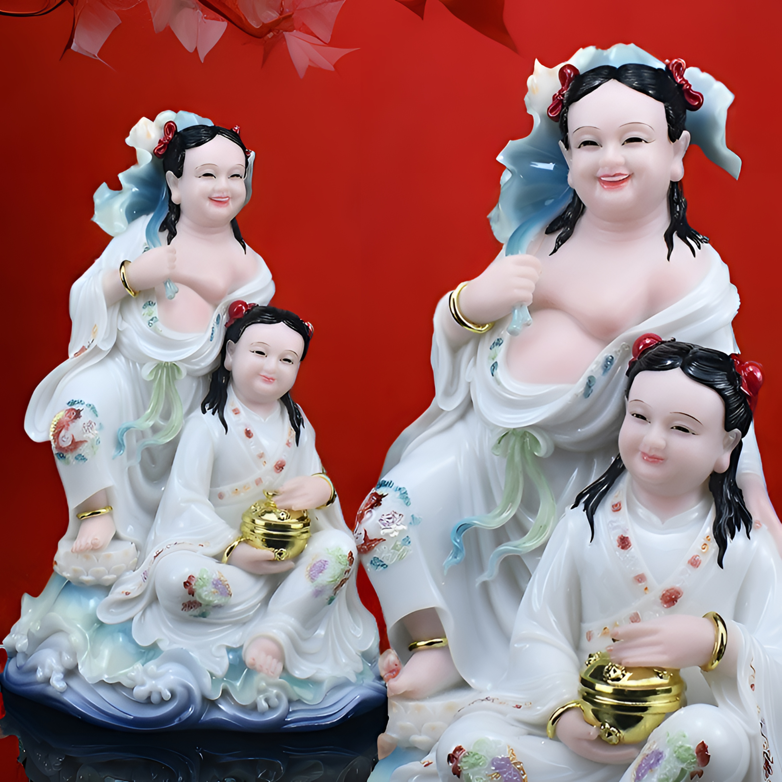 汉白玉和合二圣工艺品玄关陶瓷财神弥勒佛白瓷中式家居摆件家用