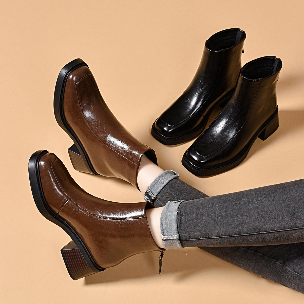 2025新款秋冬方头短靴女真皮粗跟皮鞋春秋英伦风踝靴加绒切尔西靴