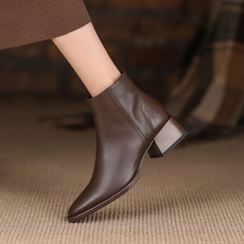 牛皮真皮粗跟短靴女中跟方头切尔西靴秋冬季棉靴加绒春秋单靴靴子