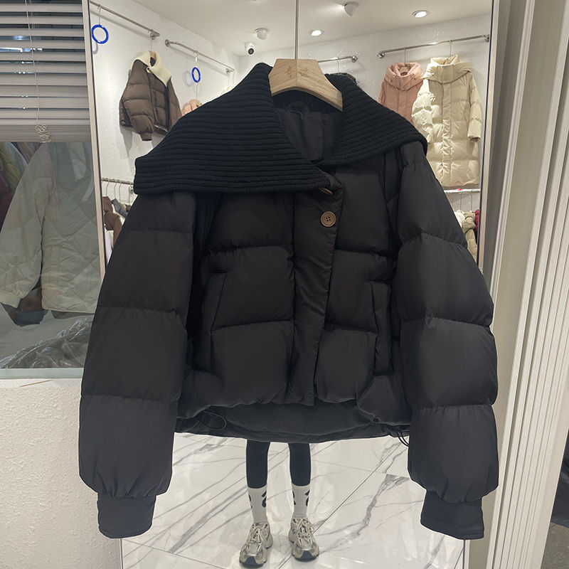 棉衣羽绒衣短款ins女2024新款冬季针织翻领拼接宽松小个子加厚