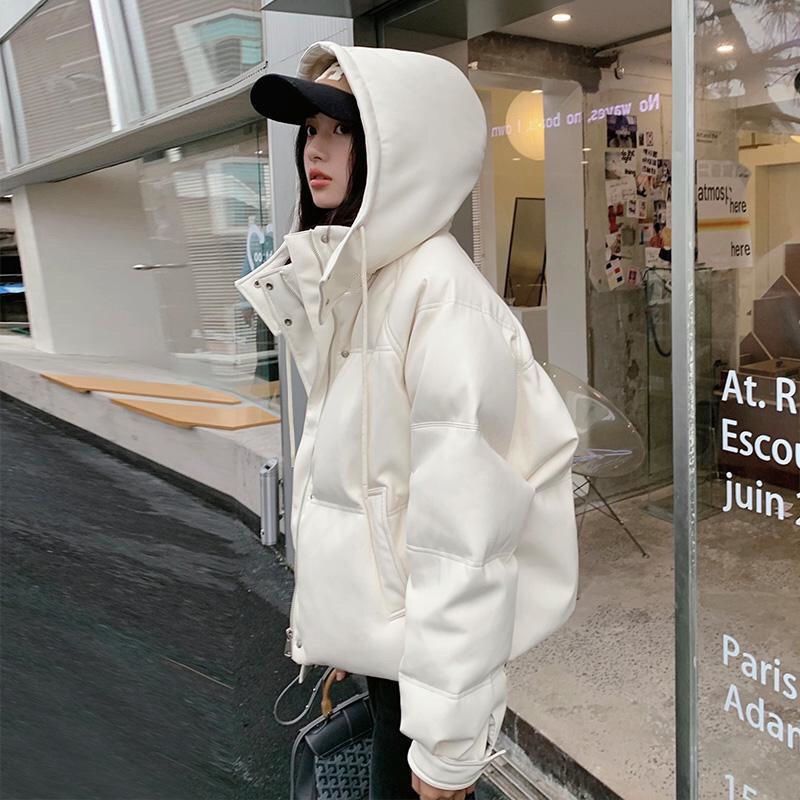 羽绒衣羽绒衣白色PU皮免洗羽绒棉服女2023冬季宽松时尚百搭小个子