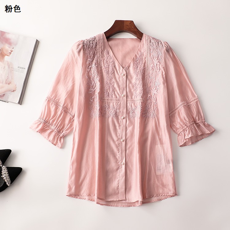 405147夏钉珠七分袖V领衬衫新奇特