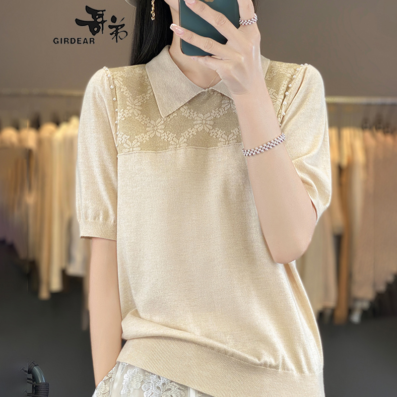 哥弟桑蚕丝POLO领针织短袖女士蕾丝简约通勤上衣时尚休闲镂空百搭