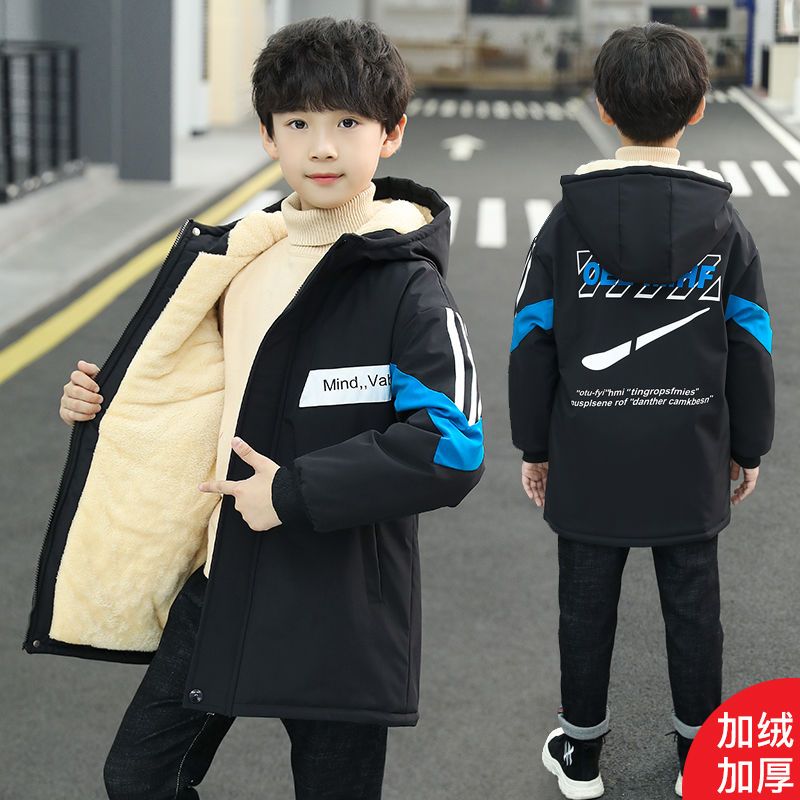 男童冬装加绒外套中大童加厚棉服2023新款派克服秋冬款棉衣男孩