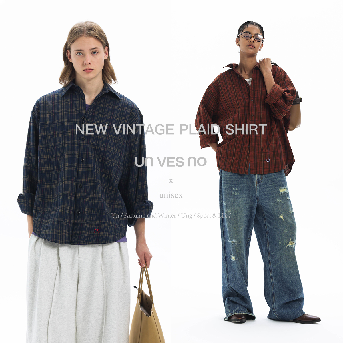 Unvesno(UN) 定制复古格纹字母刺绣慵懒感通勤休闲款防晒长袖衬衫