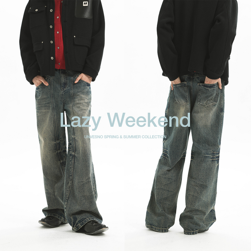 Unvesno(UN)抓痕重磅洗褪丹宁结构切割美式牛仔裤水洗高街设计感