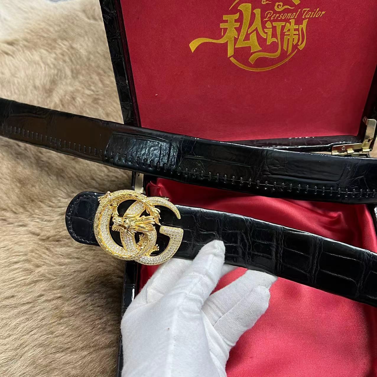 保真进口湾e鳄鱼皮肚皮手工制作扣眼猪场带个性男士腰带