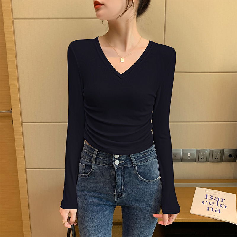 【栖媚儿】纯棉v领黑色打底衫女内搭长袖2023春秋冬紧身设计感上衣